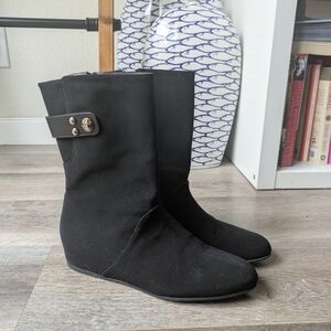 Stuart Weitzman Black Suede Wedge Boots with Buckle - Size 6